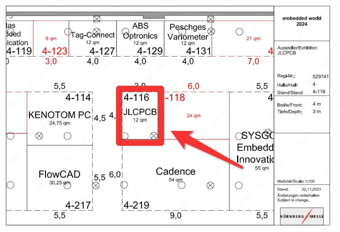 Venue layout with JLCPCB stand highlighted by a red rectangle.