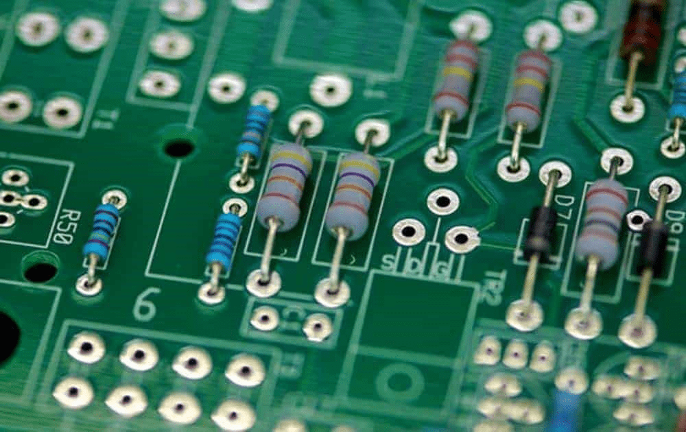 The image showcases a close-up view of a green circuit board with various electronic components, including resistors, diodes, and transistors. The components feature different values and potentially silver-plated copper wires. The board is labeled with designations like 'D7', '0', 'olo,' 'TR2,' 'R50,' '6,' and '.'. The arrangement of the components suggests a technical and scientifically advanced setting.