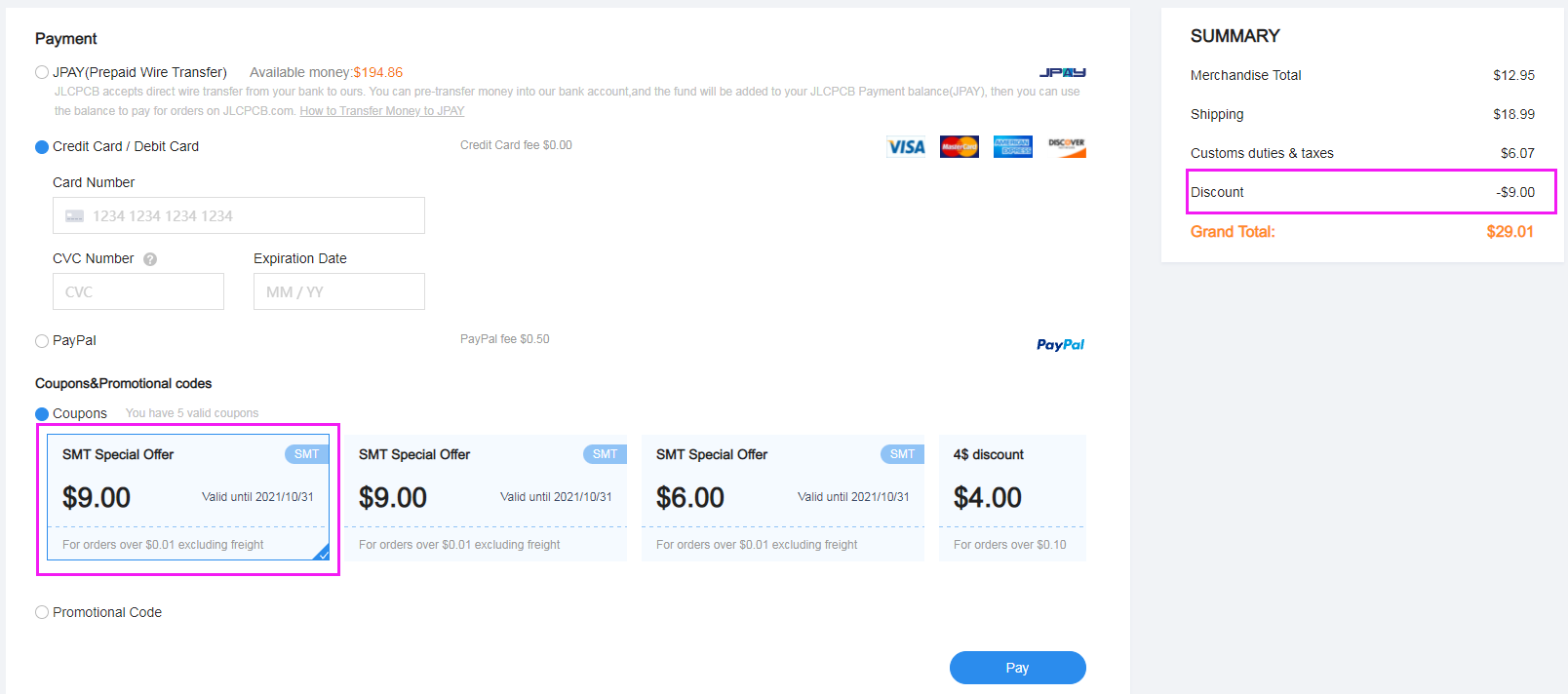 the available coupons shown on the final checkout page