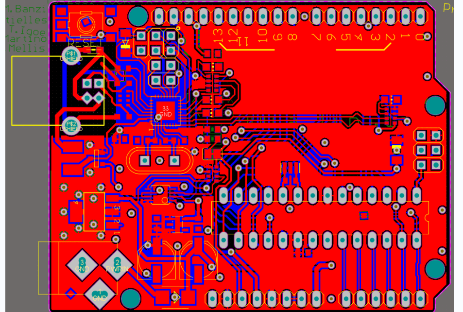 The image shows a red PCB layout with tracks, components, and annotations. Labels and identifiers are scattered throughout the design. A portion of the screen is zoomed in.