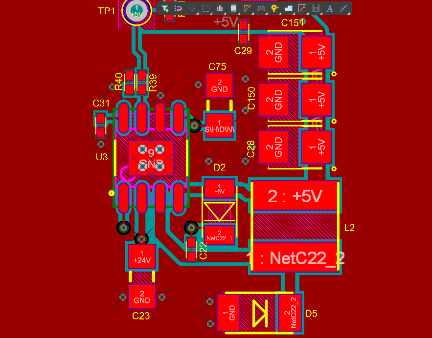 Detailed PCB schematic with labeled components, net labels, and color-coded lines on a red background. Professional design showcasing precision and organization.