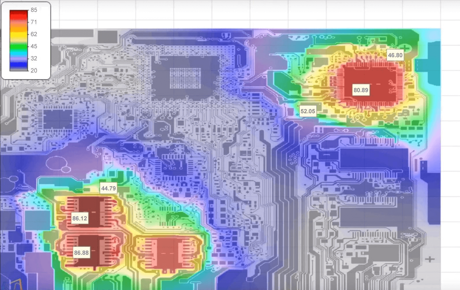 Visualizing PCB Thermal Distribution: Red-hot center surrounded by cooler areas, showcasing meticulously organized layout and logical component grouping.