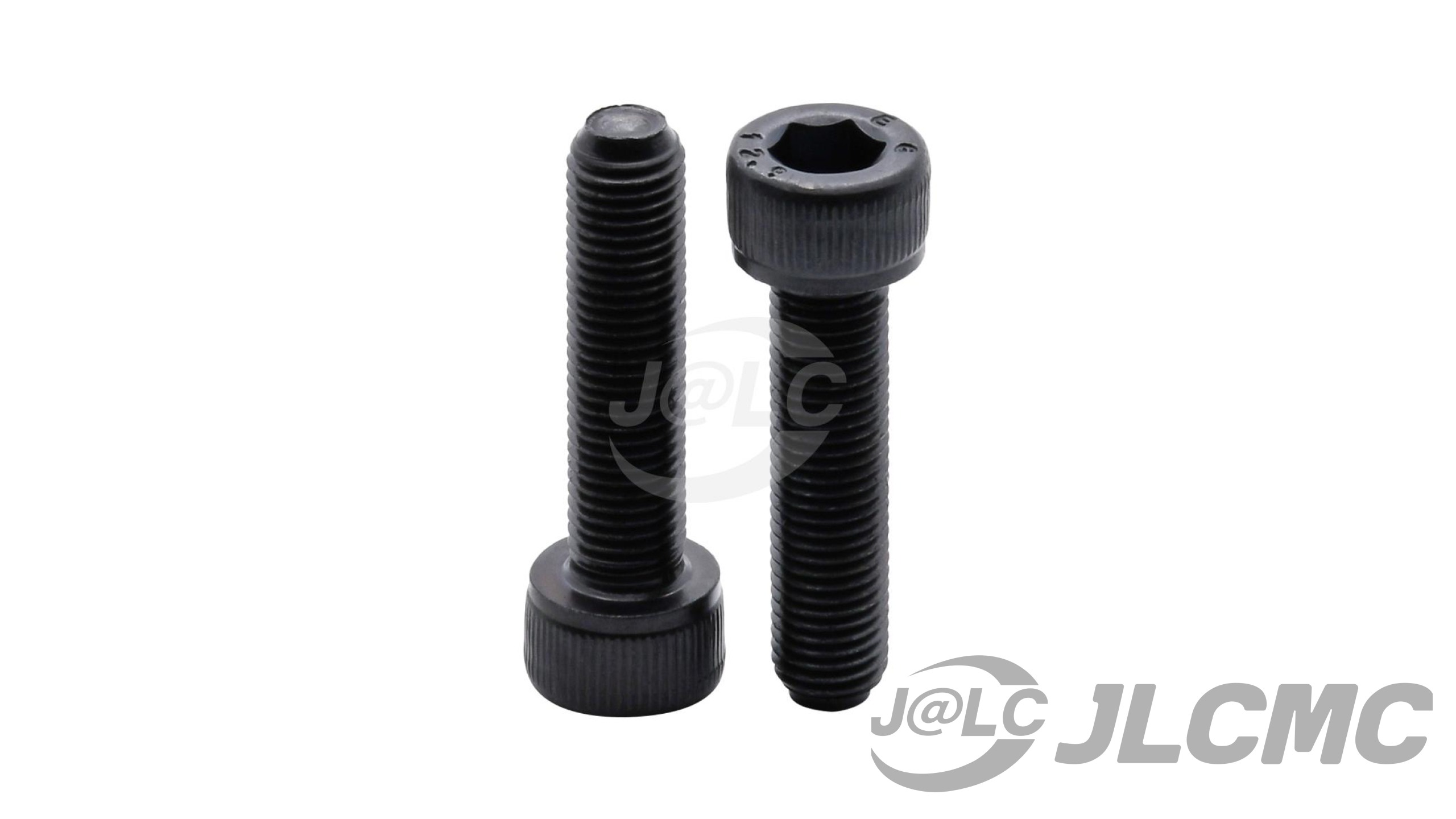 This image shows two black hex socket cap screws, commonly used in machine assembly for fastening components securely with a hex key.