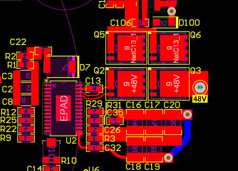 A detailed PCB layout with components, wire bonds, and traces on a black background. Annotations and colors indicate the schematic.