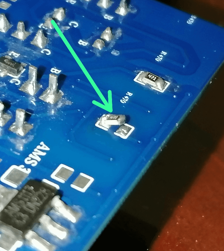 PCB tombstone on a blue PCB