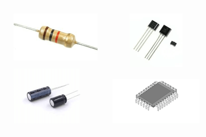 resistor, capacitor, Transistors and ICs