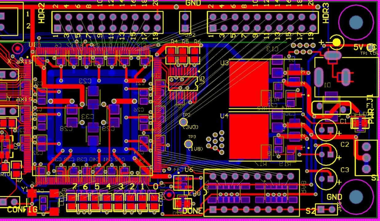 a meticulously designed PCB layout with interconnected components and detailed circuit pathways. It represents a sophisticated electronic device with color-coded connections and labeled elements indicating the placement of specific chips, resistors, capacitors, and more. The complexity of the design hints at the layered nature of the PCB signal and power planes.