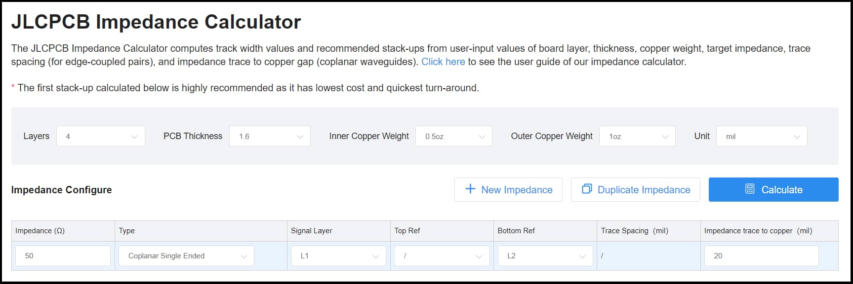 JLCPCB Impedance Calculator