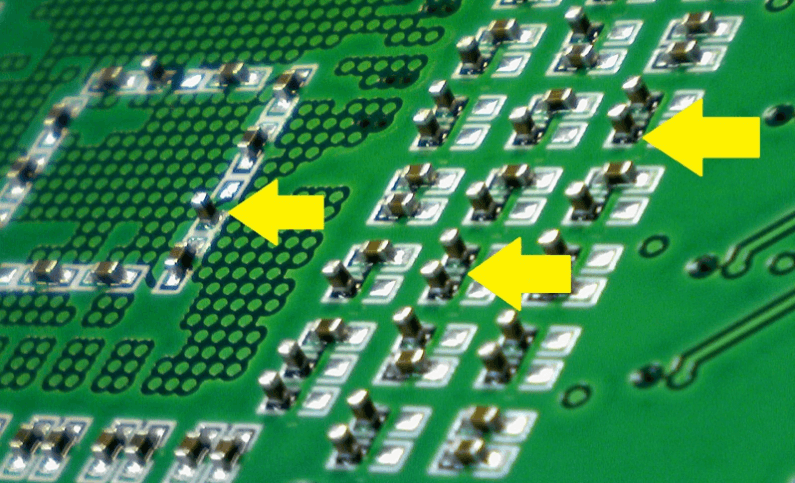 a close-up view of a green circuit board with various components. It highlights white areas, potentially signal pads or holes, and includes three yellow arrows pointing to specific parts of interest.