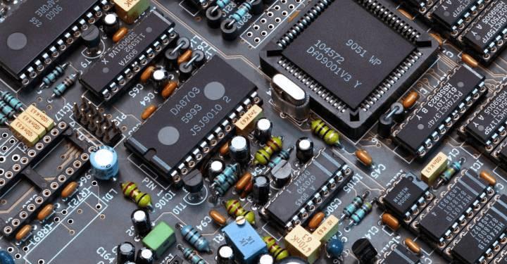 Dense circuit board with electronic components.