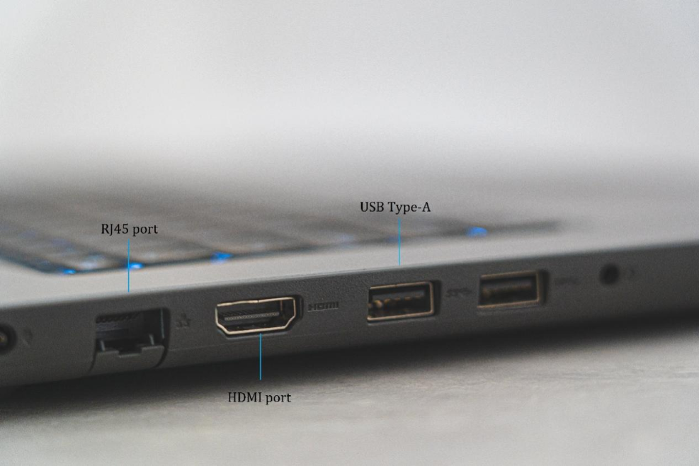 Laptop ports labeled and highlighted