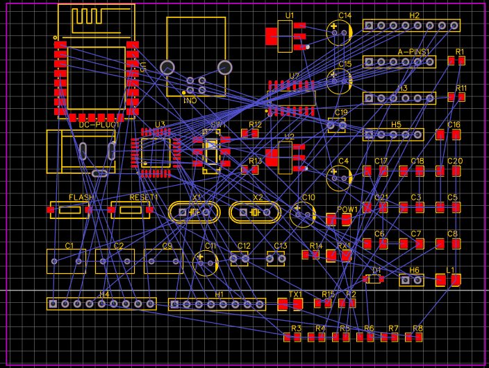 Circuit board CAD image with components and connections.
